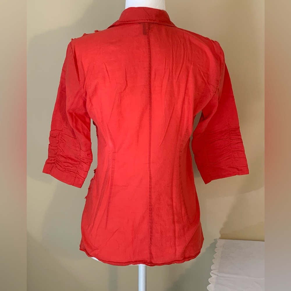 EUC* Top: Fun Diagonal Fringe, Button Down, Ruched 2/3-Sleeves - Picture 2 of 12